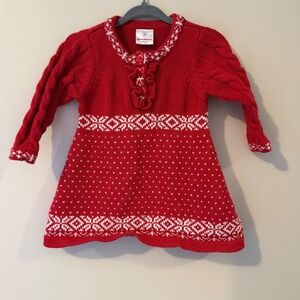Hanna Andersson Red Fair Isle Knit Baby Dress Snowflake Buttons Long Sleeve